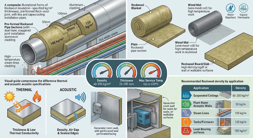 Infographic showing Rockwool insulation for pipes, walls and tanks, with thermal/acoustic diagrams and density chart.